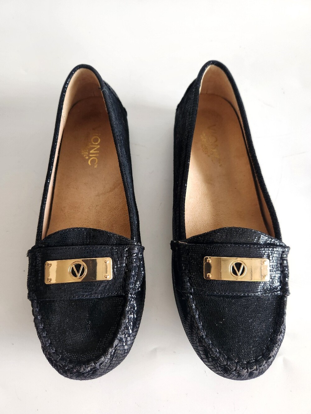 Vionic Leather Driving Loafers Orthotic Sydney Black Snake Print Size 8